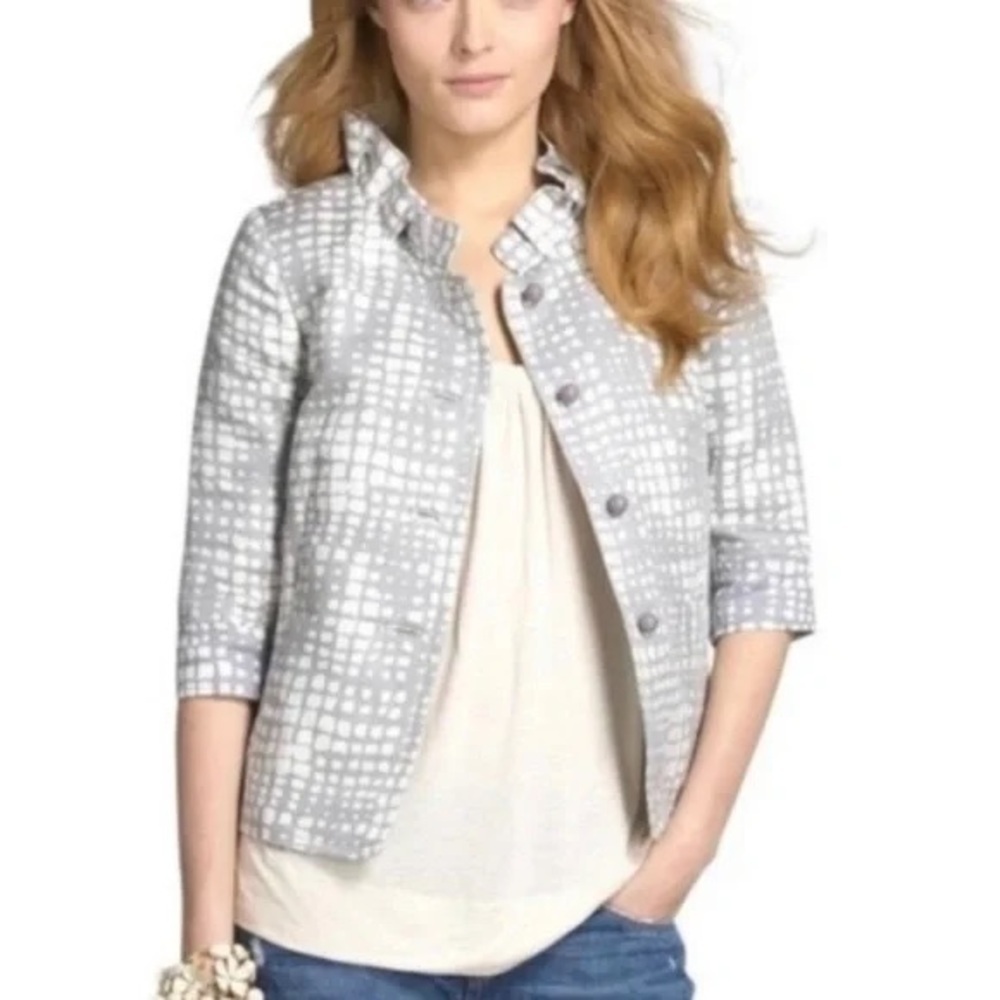 J. Crew Ruffle Collar Cropped Jacket Pewter Grey Linen Cotton Size 8 Medium M